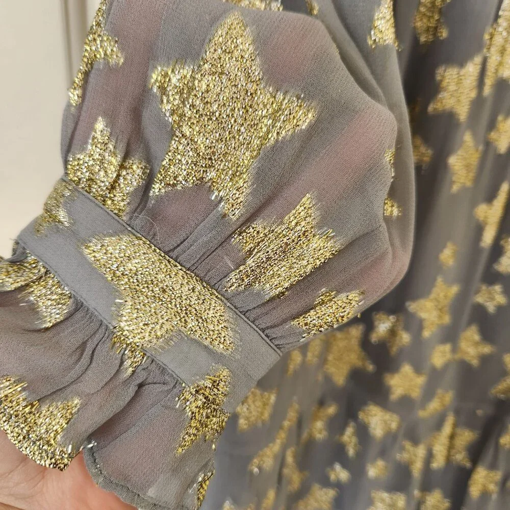 Loft Gold Star Print Shimmer Long-Sleeve Tiered Dress Gray Metallic Babydoll - Picture 4 of 11